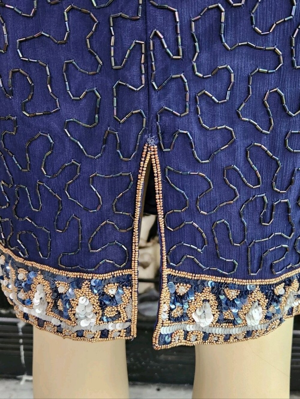 Vintage 80S Laurence Kazar Blue Beaded Silk Dress Sz M Sequin Sheer Art Deco - Picture 9 of 9